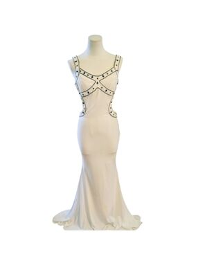 Jovani White Bodycon Backless Beaded Formal Evening Prom Dress With Train Size 4